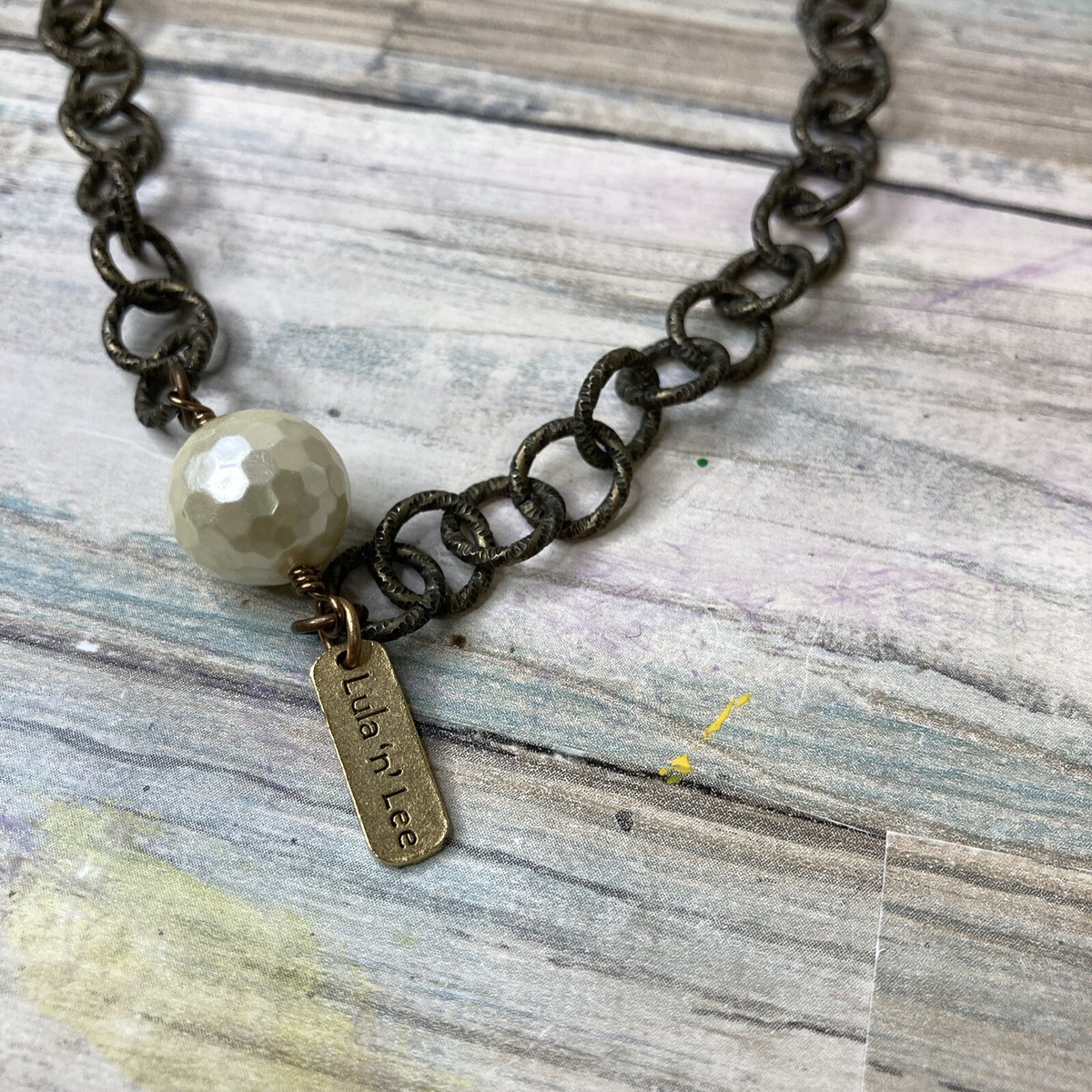 LULA N LEE Long Necklace Antiqued 34" Gold Tone Chain BEVELED BALL Estate View 2