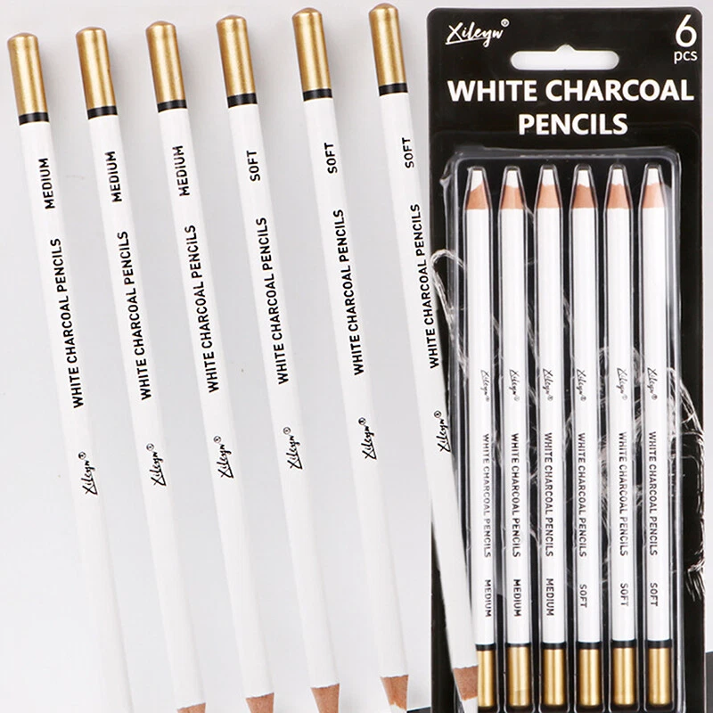 6Pcs White Charcoal Pencil Drawing Set Soft & Medium Sketching