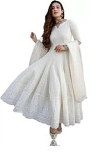 Women's Cotton Anarkali White Chikankari Gown with Dupatta
