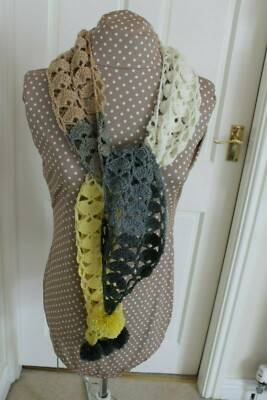 New Hand Crochet Yellow, grey, cream scarf with pom pom 62 inches x  inches