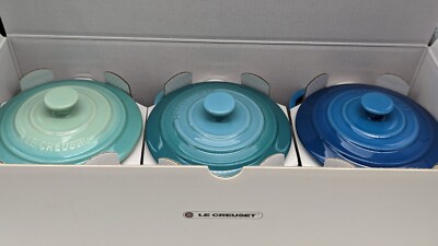 Le Creuset MINI COCOTTE Set of 3 Blue Multicolor Stoneware 8oz NEW