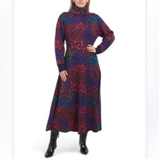 NWT Farm Rio Leopard Print Long Sleeve Turtle Neck Sweater Midi Dress L
