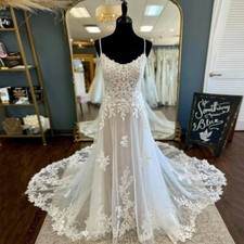 Boho A-Line Wedding Dresses Scoop Neck Spaghetti Strap Lace Applique Bridal Gown