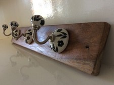 Recycled Handmade Solid Sheesham Rustic Coat Rack Rail Ceramic Hooks Vintage
