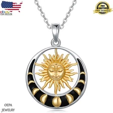 Sun and Moon Necklace 925 Sterling Silver Moon Phase Crescent Women Necklace