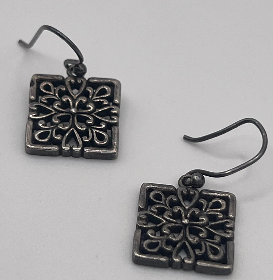 Barse Sterling Silver 925  Square Filigree Swirl Floral Silver Design Earrings - Image 2 of 4