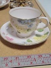 Vintage Royal Tuscan Bone China Tea Cup & Saucer Floral Pink Blue & Yellow 
