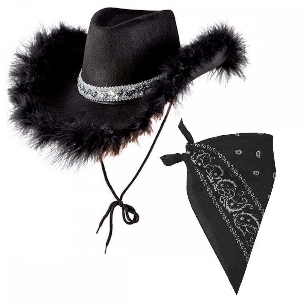 Adult 1 x Black Sequin Marabou Texan Cowgirl Hat + Bandana Wild West Fancy Dress