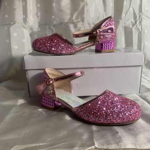 GIRLS MID LOW HEEL PARTY MARY JANE GLITTER EVENING WEDDING SZ.33 US 2.5 - Picture 1 of 8
