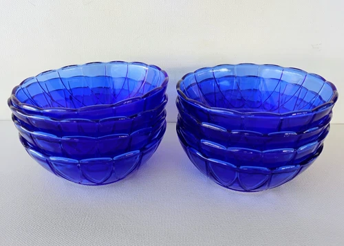 HAZEL ATLAS NEWPORT HAIRPIN COBALT BLUE DEPRESSION GLASS DESSERT BOWLS SET OF 8