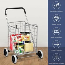 Pemberly Row Folding Shopping Cart Utility Trolley Portable For Grocery Silver
