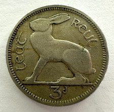 1943 Ireland 3 Pence Coin, Copper-Nickel, VF Very Fine