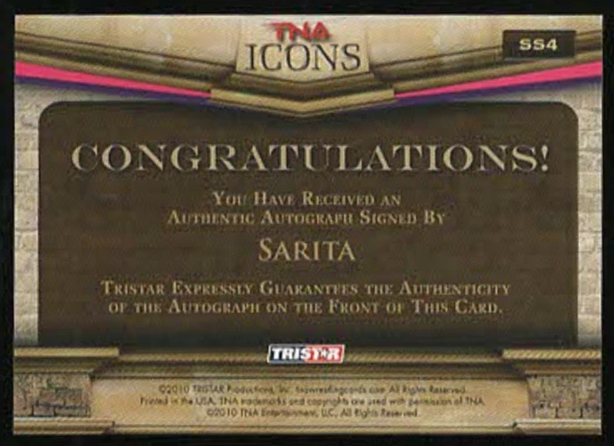 2010 TRISTAR TNA Icons SARITA "SUGAR & SPICE" Autograph Card Auto #SS4 - Image 2 of 2