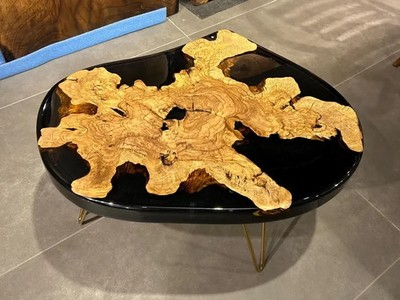 Olive Wood & Deep Black Epoxy Coffee Table Top Modern River Design   Handcrafted