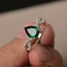 Pear Cut Simulated Green Emerald Anniversary Band Ring In 14k White Gold Plated