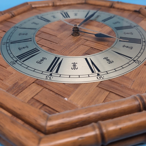 MCM Vintage Bamboo Rattan Wall Clock Wicker Basket Weave Large Circle Tiki 12.5" - Picture 6 of 9