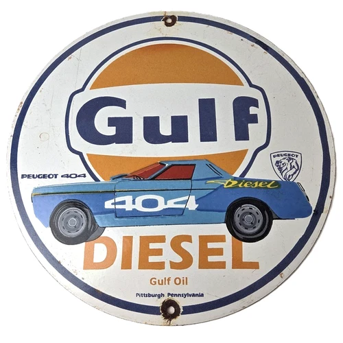 Vintage Gulf Gasoline Sign - Porcelain Racecar Gas Diesel 404 Gas Station Sign