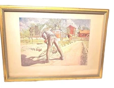 Carl Larsson Watercolor Print 1912 Garden Man Shovel Gold Framed Sweden Erik