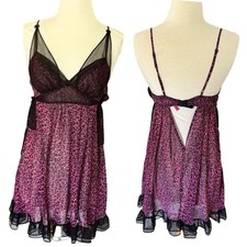 Betsey Johnson Intimates Babydoll Chemise Y2K M Pink Leopard Sheer Slip Dress