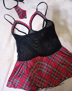2 Piece Lot Of Women's School girl Halloween Costume Red Plaid Sexy Large