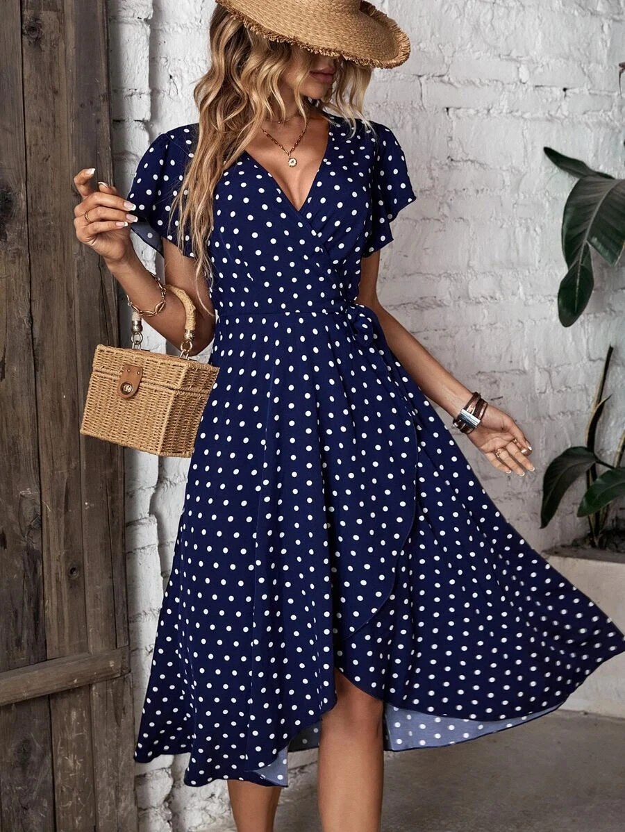 Womens Polka Dot Print Butterfly Sleeve Wrap Dress