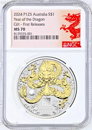 2024 Australia GILDED Silver Lunar Year of the DRAGON NGC MS 70 1oz Coin FR GILT