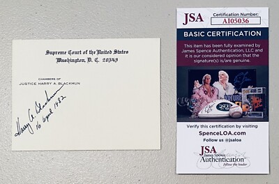 Harry Blackmun Signed Autographed 3.5 x 4.5 Chambers Card JSA Cert Supreme Court