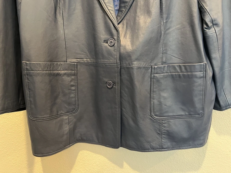 Vintage Denim & Co Blue Leather Coat 2 Button Blazer Jacket Size 3X 90s Y2K - Image 4 of 4