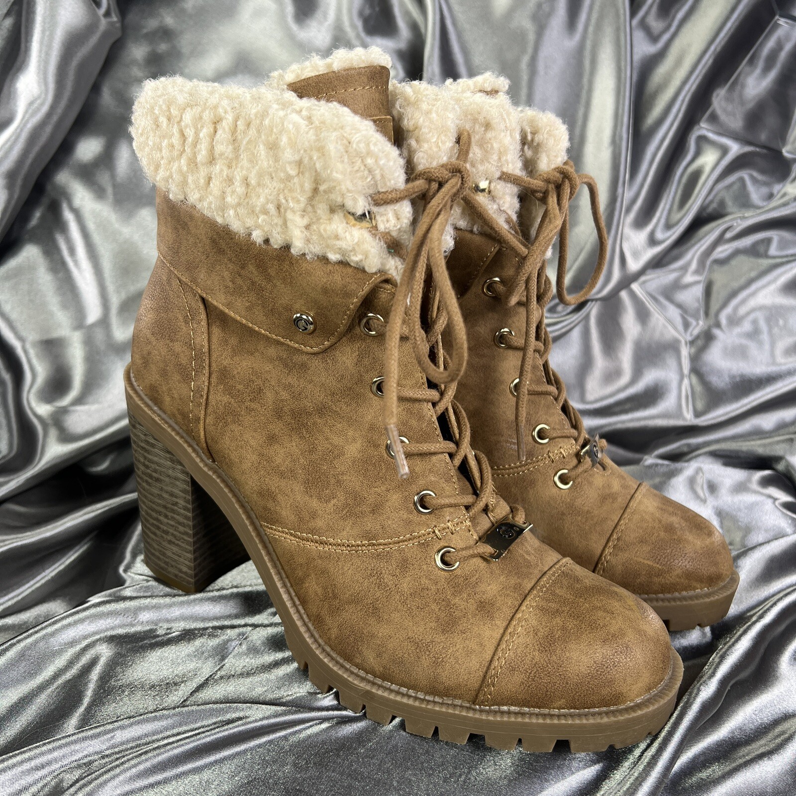 GBG G by Guess Ankle Boots Women Sz 9.5 M Brown 4” Heel Chunky Lug Fur Booties