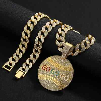Large Baseball GO GO GO Pendant & 20'' Iced Cubic Zirconia Chain Hip Hop Necklace