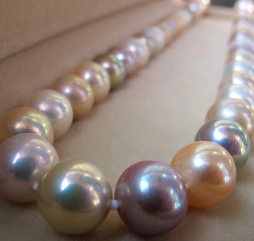 HUGE 18"12-15MM NATURAL SOUTH SEA WHITE GOLD PINK PURPLE ROUND PEARL NECKLACE