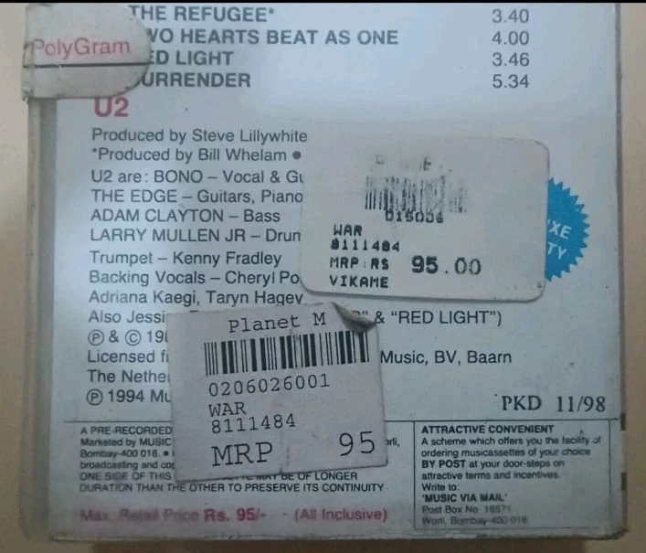 1998 U2 WAR Sealed India Audio Cassette Tape Super Rare Clamshell — 第 4/4 张图片