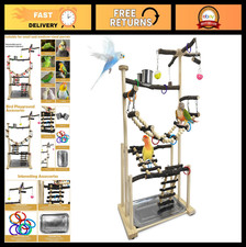 Large Bird Playground Activity Center - 4-Layer Natural Wood Perch Gym, Chew Toy