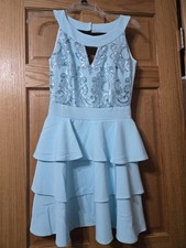 Girls Light Blue Sleeveless Fit  Flare Knee Length Layered Sequin Party Dress