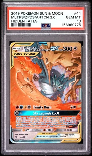 2019 POKEMON SUN & MOON HIDDEN FATES #44 MOLTRES & ZAPDOS & ARTICUNO GX PSA 10