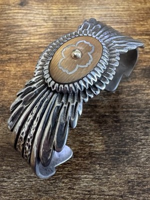 Sterling Silver Petrified Wood Inlay Cuff Bracelet - 14k Accent - Southwestern