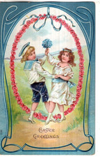 ANTIQUE EMBOSSED EASTER Postcard         BOY AND GIRL DANCING, FORGET-ME-NOTS
