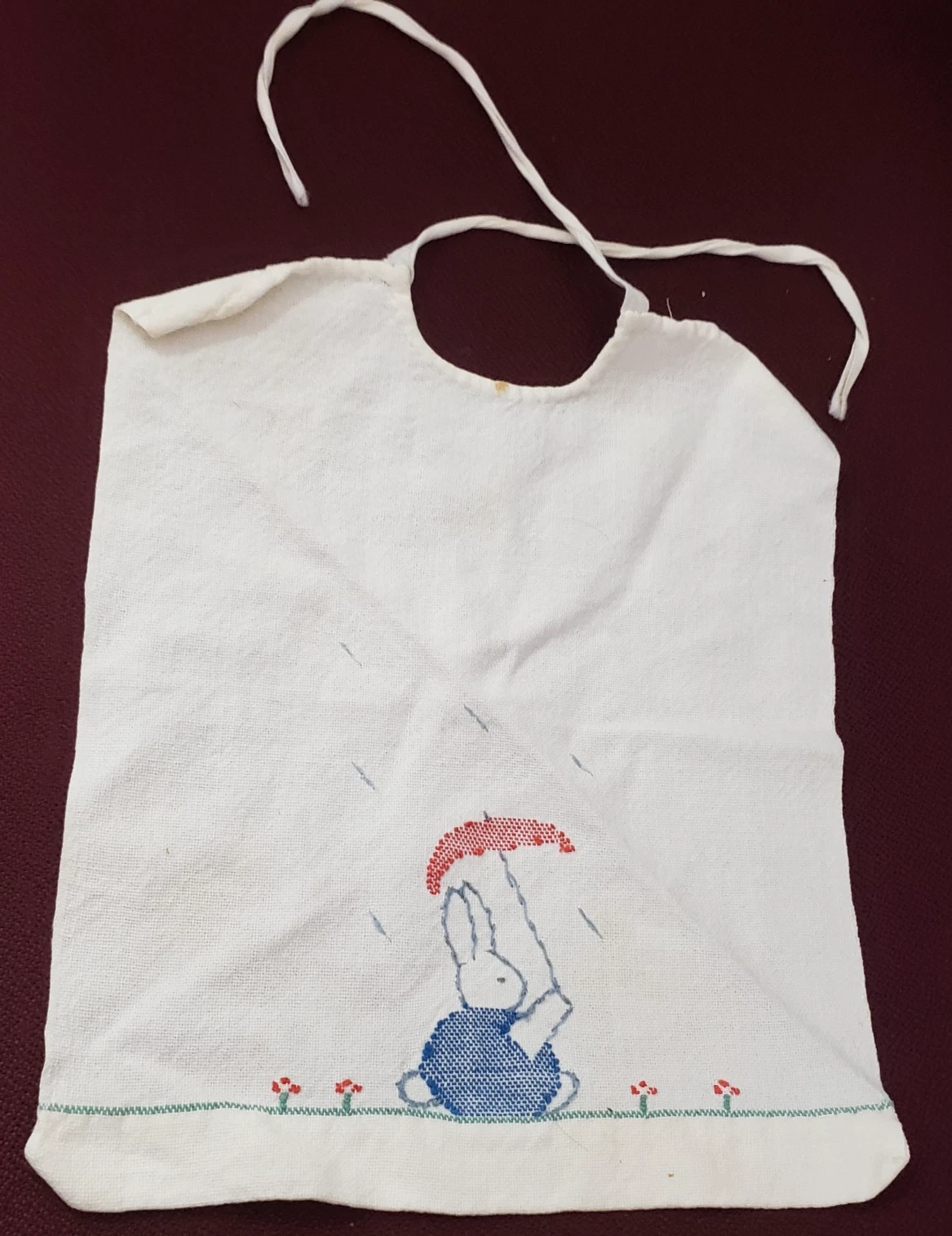Bunny Rabbit IN the Rain Umbrella Baby Bib Vintage Linens