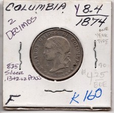 1874 2 Decimos COLOMBIA .1342oz Silver 1 Year Type World Coin F