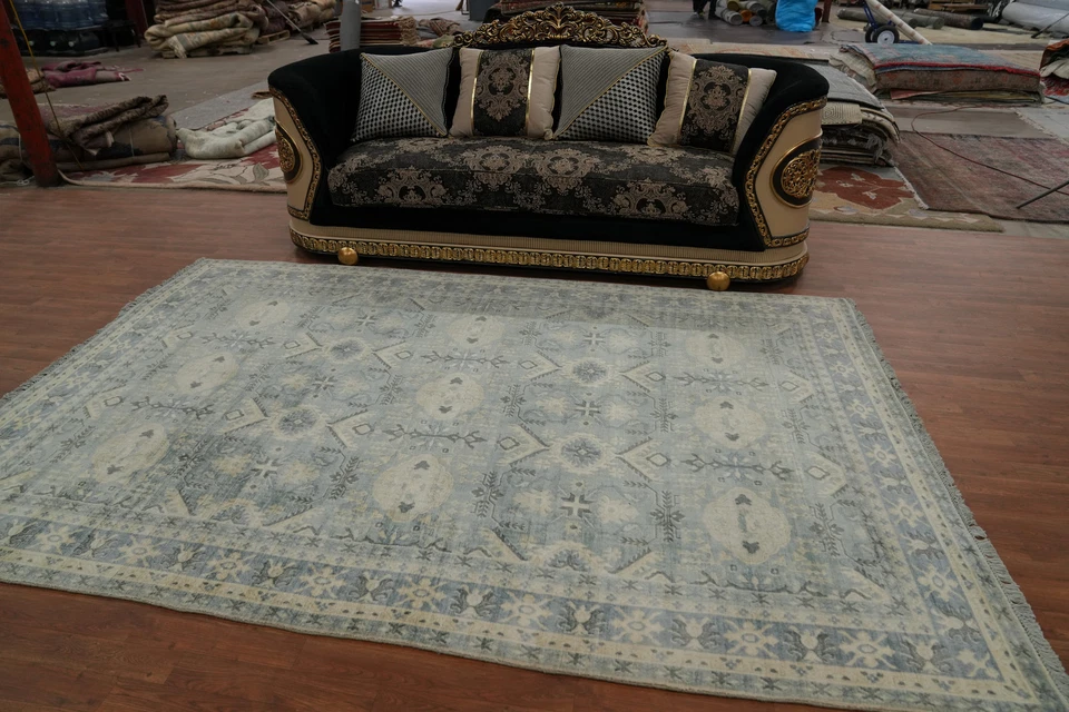 Geometric Handmade Transitional Oushak Area Rug 7x10 Ft Light Blue Silk Carpet - Image 3 of 4