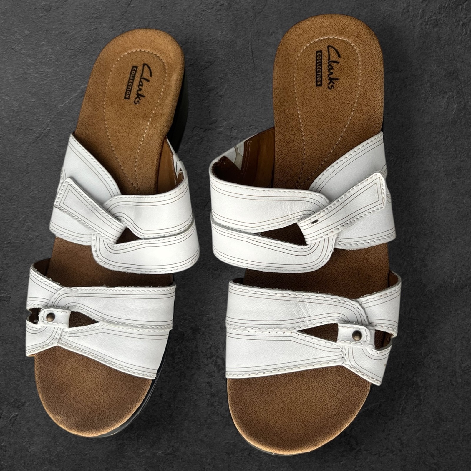 NWOB Clarks Hayla Canyon White Leather Slip On Sandals Women’s Size 10 Comfort