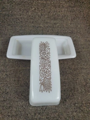 Vintage Pyrex Woodland Butter Dish Lid 72 B Milk Glass Brown White