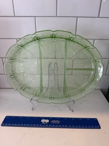 Jeannette Cherry Blossom Green Uranium Glass Divided Platter 13x10’’ Depression