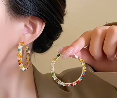 Damen Regenbogen Kristall Creolen goldfarben bunt Strass Kreis