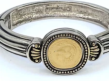 Vintage Douglas Paquette Greek Faux Coin Athena Owl Hinged Bangle Cuff Bracelet