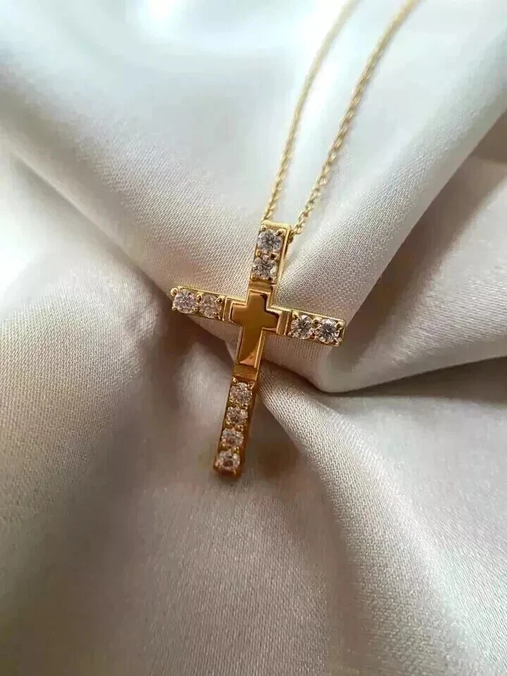 Кулон женский крест муассанит круглой огранки покрытие желтым золотом 14 карат 2 карата - Изображение 3 из 4