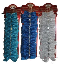 Set of 12, 3 1/4" Blue Bows with Silver Ties Christmas Birthdays Hannukah Decor