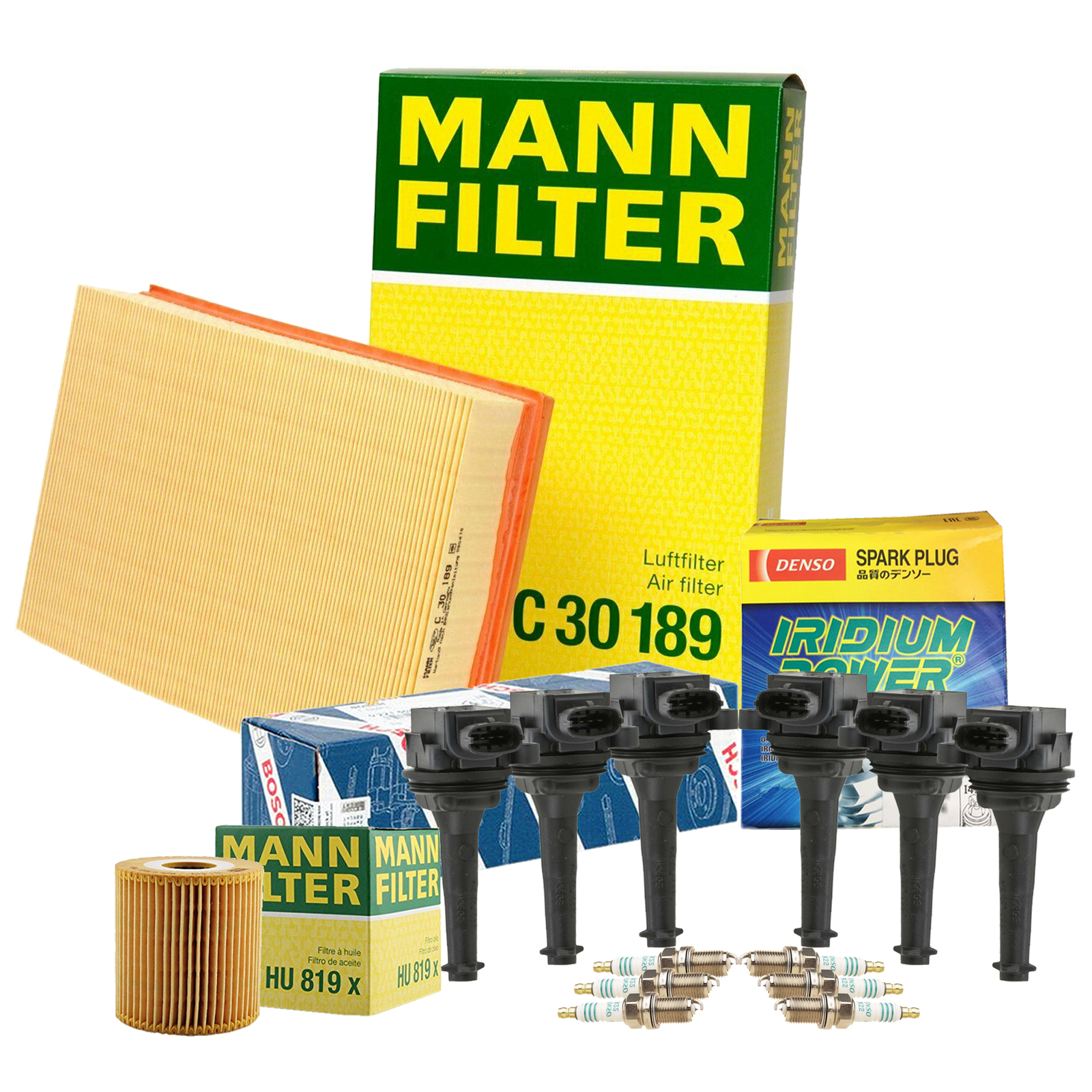 Mann Filter Bosch 6 Coil Denso 6 Iridium Power Spark Plug TuneUp Kit For S80 FWD