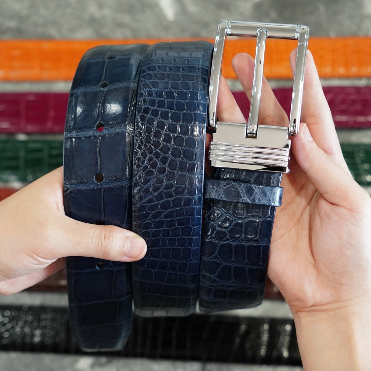 Navy Blue Real Crocodile Belly Leather Skin Men's Belt No Jointed