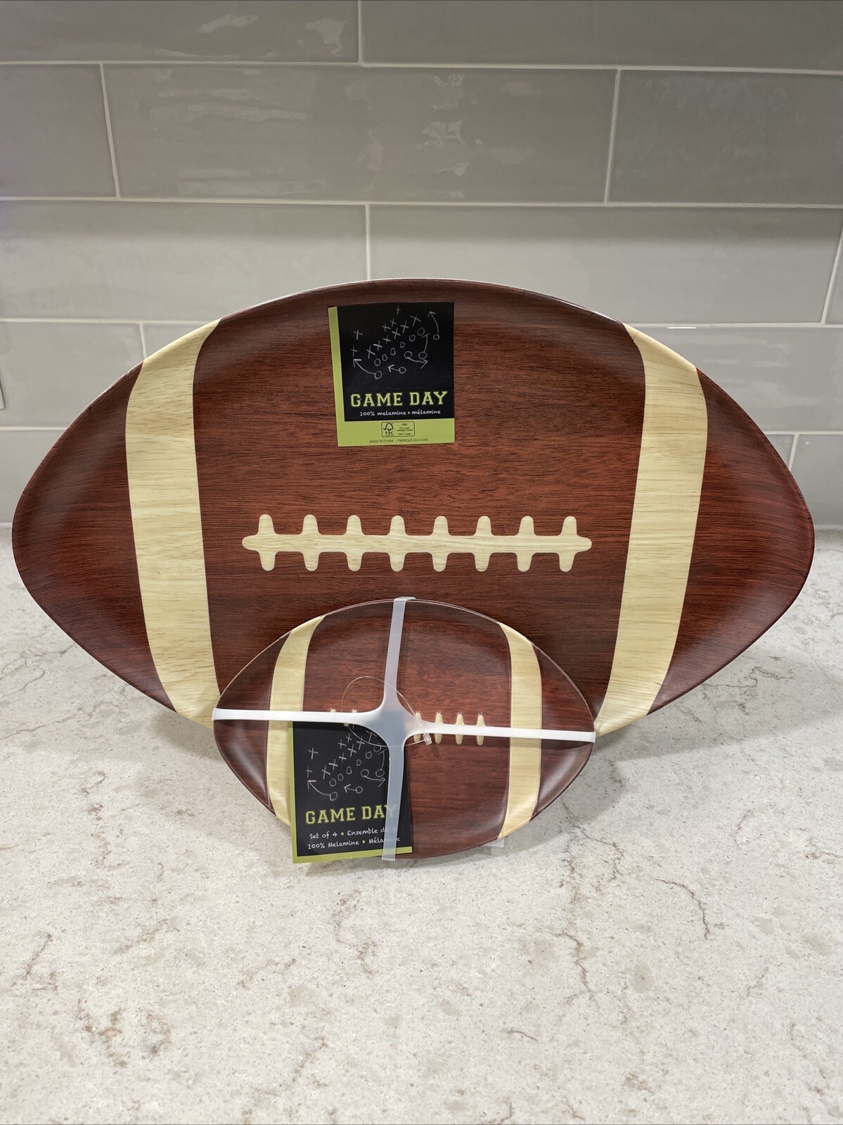 FOOTBALL SHAPE Serving Platter Tray 17x11” Dark Wood Grain Melamine Plate NEW